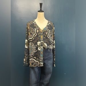 H&M Printed Bohemian Loose Fit Button Front Blouse EUC Size 12
